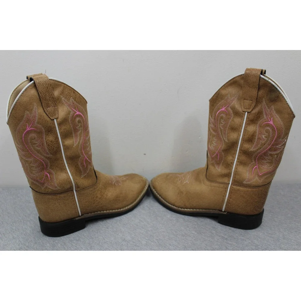 BVB9155 Boots Girls Size 3 Tan Pink Western Cowboy Square Toe Embroidered